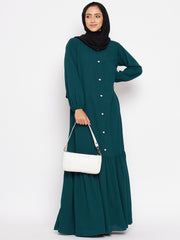 Bottle Green Solid Frill Abaya with Black Georgette Hijab