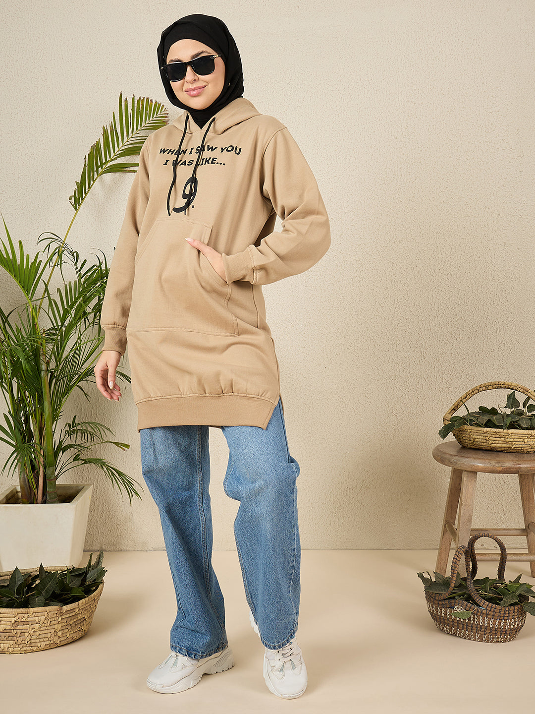 Wow Modest Winter Wear – Beige Fleece Hoodie for Women