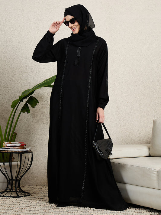 Embroidered Black Abaya for women with Black Scarf