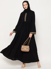 Solid Black Embroidery Design Abaya Dress with Black Georgette Hijab