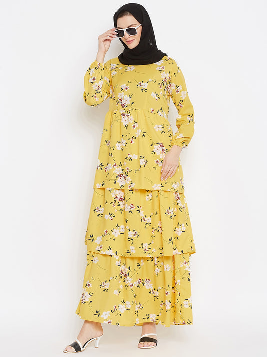 Yellow Floral Printed Crepe 3 Frill Abaya Dress for Women with Black Georgette Hijab