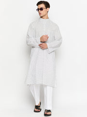 White and Black Polka Dot Straight Men's Kurta