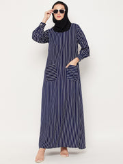 Blue Striped Abaya for Women with Black Georgette Hijab