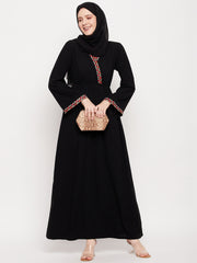 Solid Black Embroidery Design Abaya Dress with Black Georgette Hijab