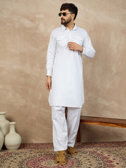 White Solid Cotton Pathani Kurta Pajama Set For Men