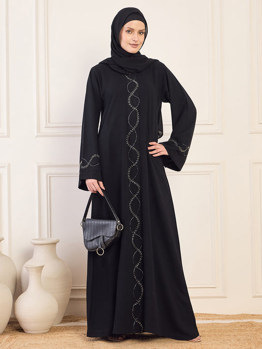 Handwork Detailing & Bell Sleeves Black Solid Luxury Abaya Burqa for Women with Black Hijab