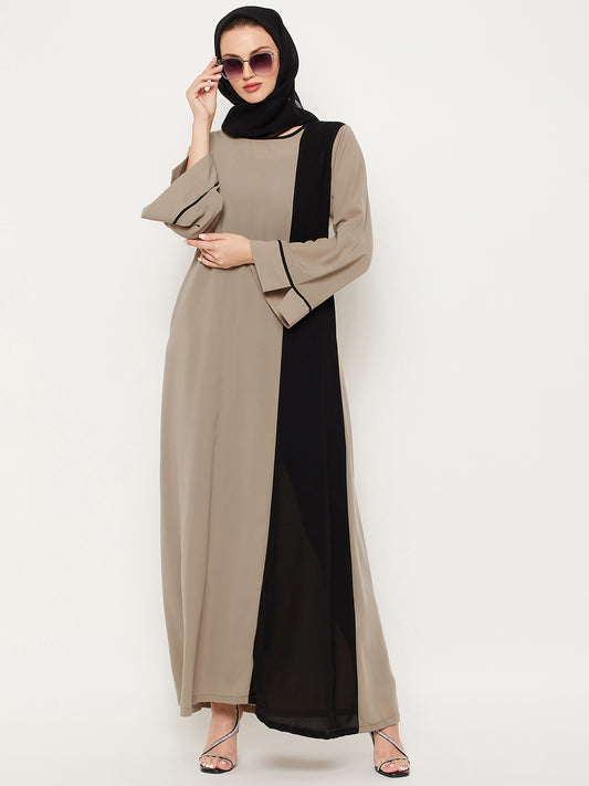 Beige and Black A-Line Abaya Dress with Black Georgette Hijab