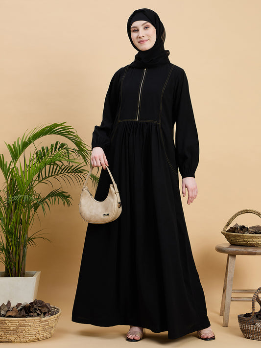 Modest Black Solid Zip Abaya Burqa with Georgette Hijab