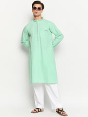 Embroidery Details Mens Solid Sea Green Kurta