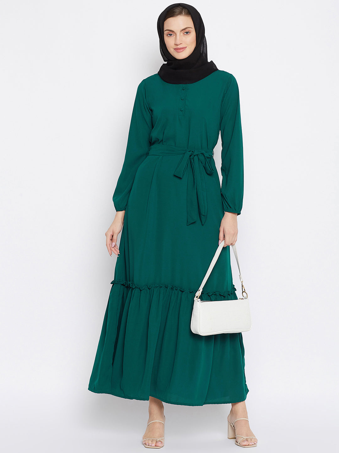 Bottle Green Solid Frill Abaya Dress for Women with Black Georgette Scarf