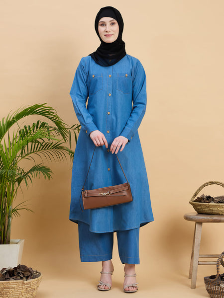 Modest Front Open Denim Co-Ord Set for Women M Modest Front Open Denim Co-Ord Set for Women M