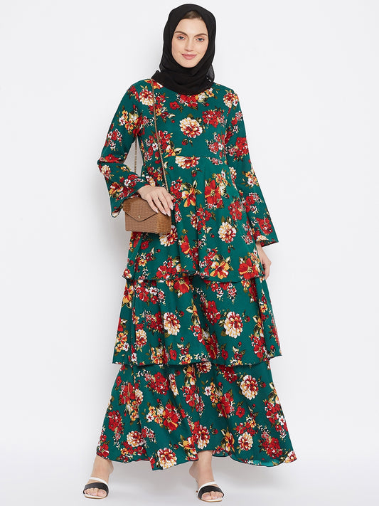 Bottle Green Floral Printed Crepe 3 Frill Abaya Dress for Women with Black Georgette Hijab