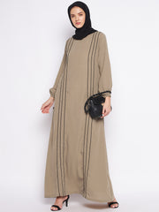 Beige A-Line Abaya with Both Side Black Piping for Women with Black Georgette Hijab