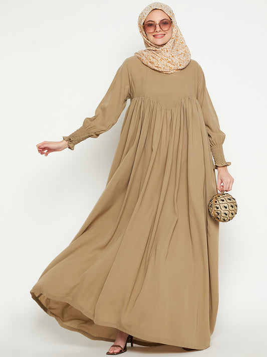 Beige A-Line Abaya Dress for Women with Black Georgette Hijab
