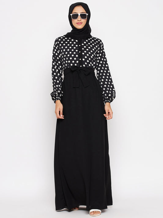 Black and White Polka Printed Crepe Abaya for Women with Black Georgette Hijab