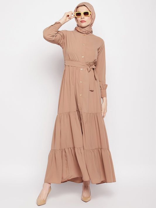 Frilled Beige Abaya Burqa For Women With Belt and Black Hijab