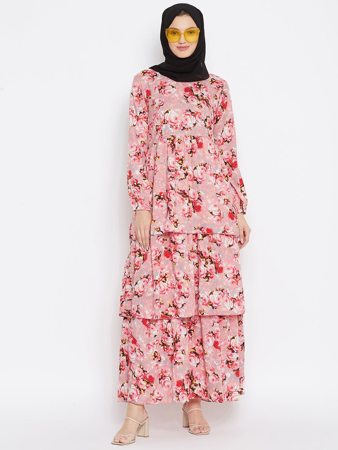 Pink Floral Printed Crepe 3 Frill Abaya Dress for Women with Black Georgette Hijab