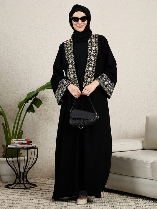 2 Pieces Embroidered Shrug Set Abaya with Black Scarf