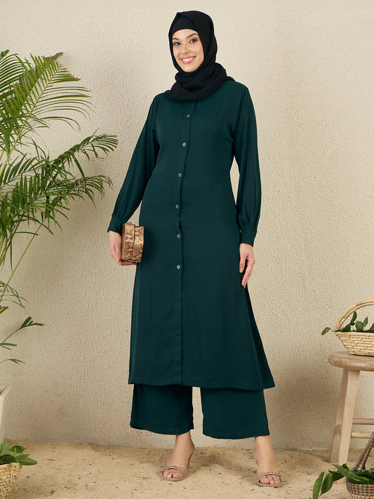 Front Open Green Solid Co-ord Set for Women