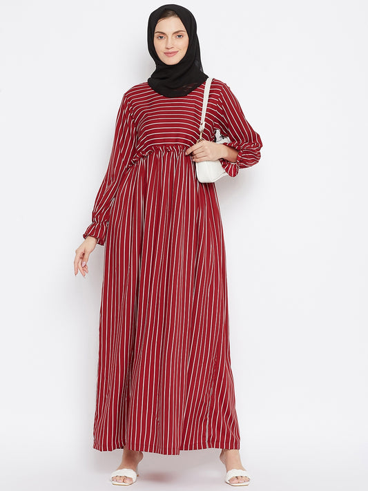 Maroon Stripe Abaya Dress with Black Georgette Hijab