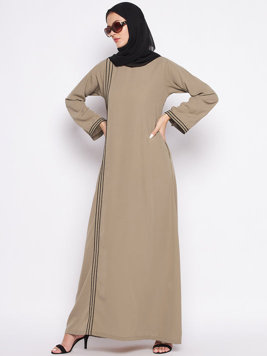 Beige A-Line Abaya with Black Piping for Women with Black Georgette Hijab