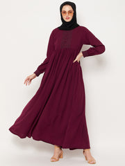 Maroon Solid Lace Work Design Abaya for Women with Black Georgette Scarf