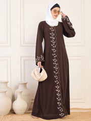 Hand Work Detailing Brown Solid Luxury Abaya Burqa For Women With White Hijab