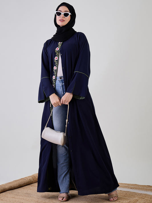 Front Open Embroidery Detailing Blue Abaya Burqa With Black Georgette Hijab