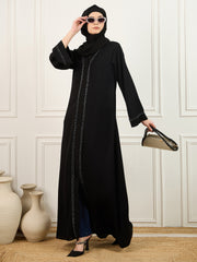 Black Solid Luxury Handworked Abaya Burqa with Matching Georgette Hijab