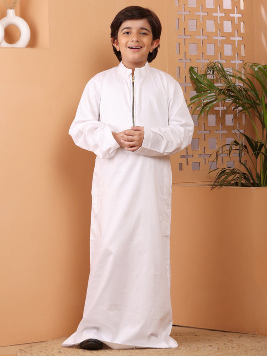 White Solid Zip Closure Thobe / Jubba For Kids Boys