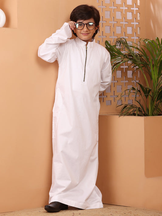 White Solid Zip Closure Thobe / Jubba For Kids Boys