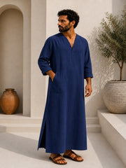 Men's Navy Blue Linen Long Sleeve Kaftan | V neck Gown | Moroccan Robe