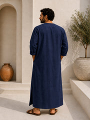 Men's Navy Blue Linen Long Sleeve Kaftan | V neck Gown | Moroccan Robe
