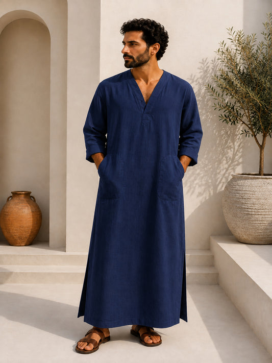 Men's Navy Blue Linen Long Sleeve Kaftan | V neck Gown | Moroccan Robe