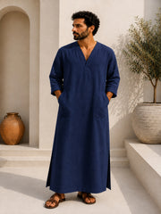 Men's Navy Blue Linen Long Sleeve Kaftan | V neck Gown | Moroccan Robe