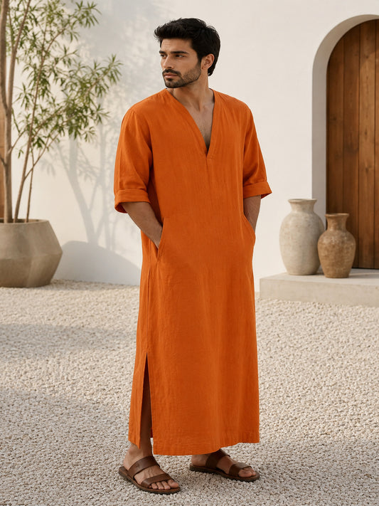 Men's Orange Linen Long Sleeve Kaftan | V neck Gown | Moroccan Robe