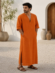 Men's Orange Linen Long Sleeve Kaftan | V neck Gown | Moroccan Robe