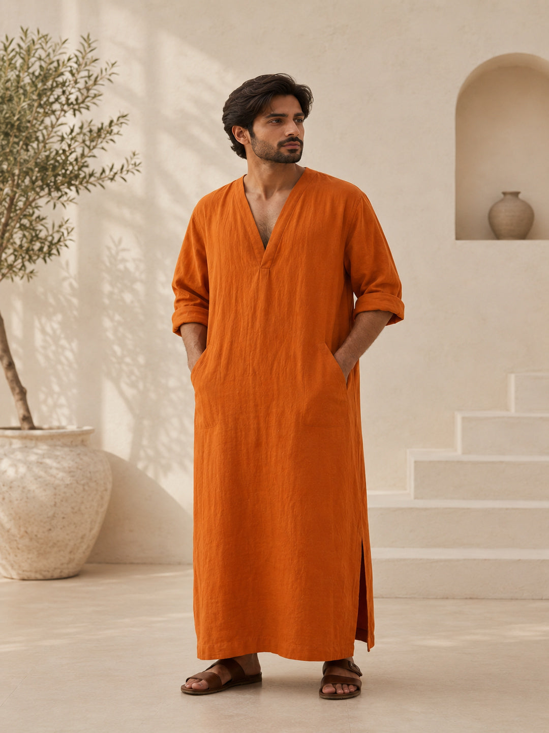 Men's Orange Linen Long Sleeve Kaftan | V neck Gown | Moroccan Robe