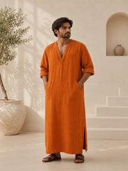Men's Orange Linen Long Sleeve Kaftan | V neck Gown | Moroccan Robe