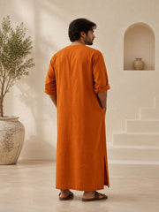 Men's Orange Linen Long Sleeve Kaftan | V neck Gown | Moroccan Robe