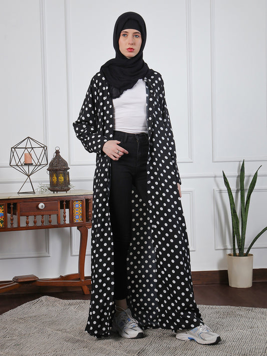 Black Polka-Printed Front Open Abaya for Women with Black Georgette Hijab