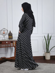 Black Polka-Printed Front Open Abaya for Women with Black Georgette Hijab