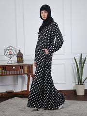 Black Polka-Printed Front Open Abaya for Women with Black Georgette Hijab