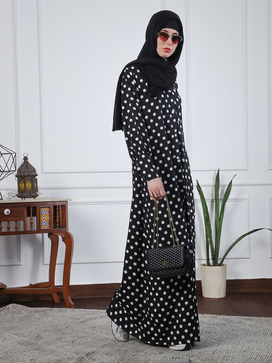 Black Polka-Printed Front Open Abaya for Women with Black Georgette Hijab