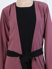 Inner Part Included Pink Solid Front Open Nida Matte Shrug with Black Georgette Hijab