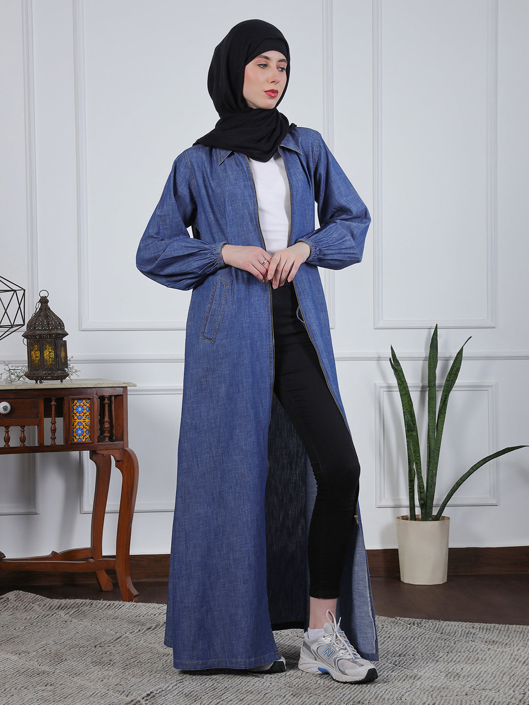 Front Zip Closure Blue Denim Abaya Dress with Black Georgette Hijab