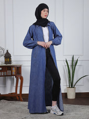 Front Zip Closure Blue Denim Abaya Dress with Black Georgette Hijab