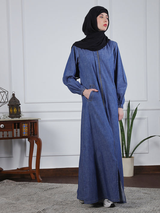 Front Zip Closure Blue Denim Abaya Dress with Black Georgette Hijab