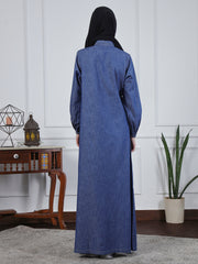 Front Zip Closure Blue Denim Abaya Dress with Black Georgette Hijab