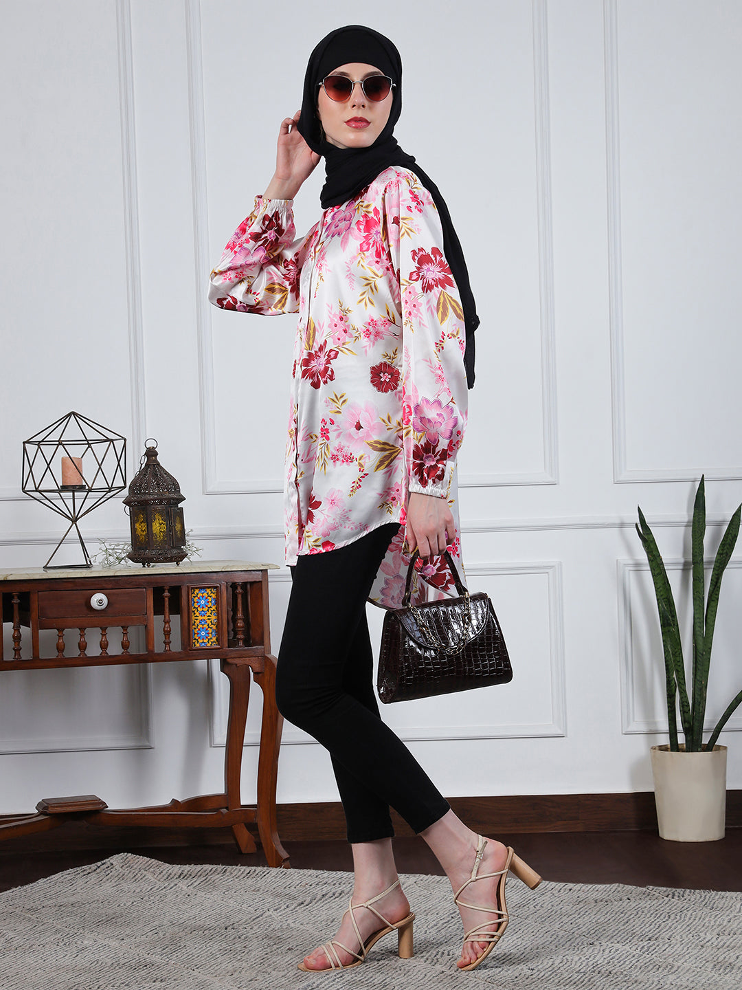 MultiColor Printed Soft Satin Fabric Front Open Modest Shirt For Women